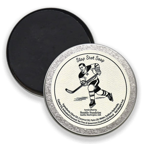 Slap Shot Hockey Puck Soap - 4oz Bar of Odor Fighting Activated Charcoal Soap in Retro Gift Tin