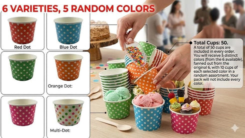 Worlds 8oz 50 pack Paper Ice Cream Cups Polka Dot Paper Yogurt Cups Mix