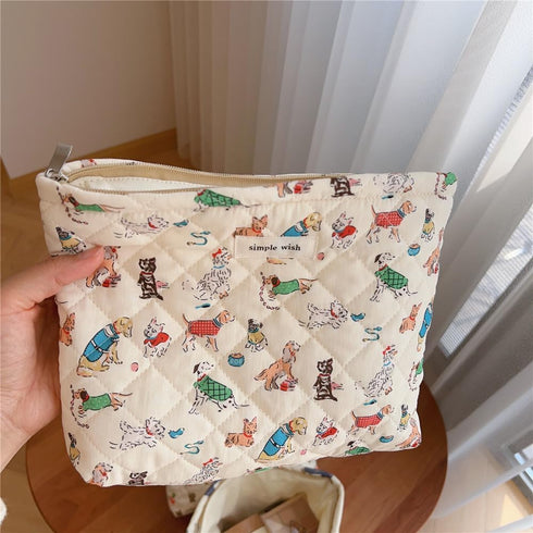 Quilted Cotton Makeup Bag, Cute Animal Cosmetic Bag, Large Capacity Travel Toiletry Bag for Women and Girls (01Dog)