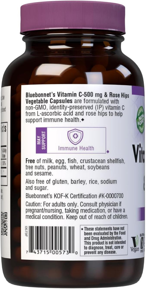 BlueBonnet Vitamin C 500 mg with Rosehips - Vegetable Capsules, 180 Count for Immune Support