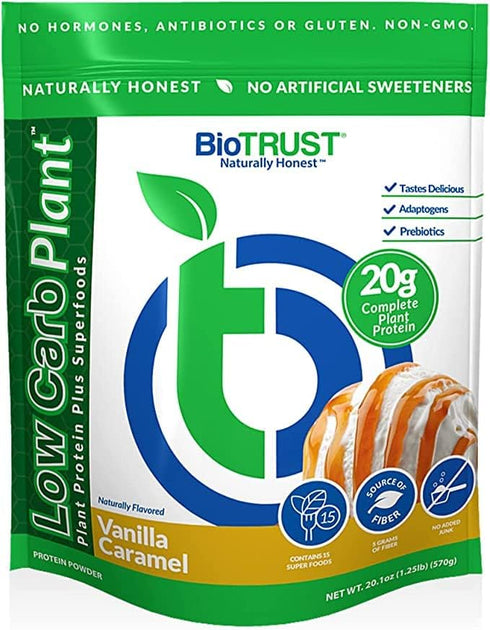 BioTrust Low Carb Plant Protein, Vanilla Caramel, 20 Grams of Clean Protein, 5 Grams Fiber, 14 Servings
