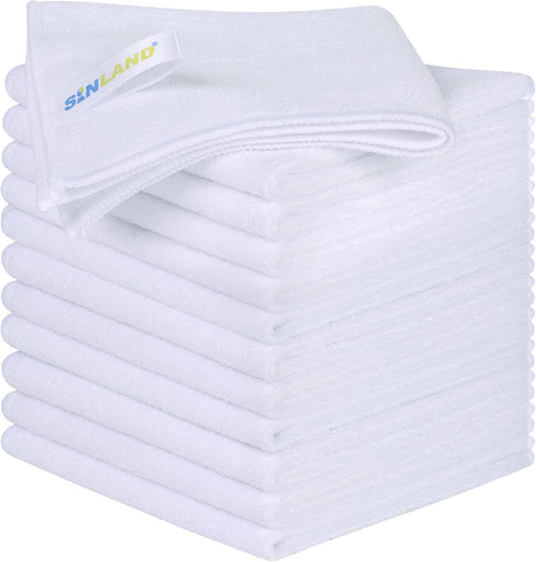 SINLAND 12 Pack Microfiber Cleaning Cloths, 12"x12", White, Absorbent Dish Rags, No Streak Lens Cloths