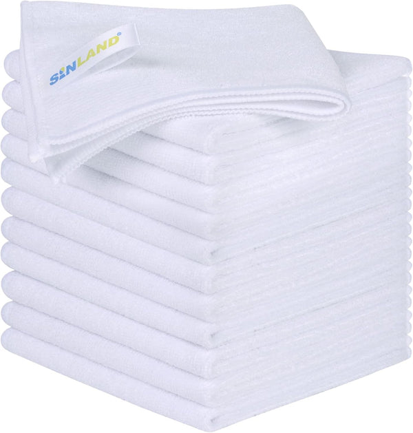 SINLAND 12 Pack Microfiber Cleaning Cloths, 12"x12", White, Absorbent Dish Rags, No Streak Lens Cloths