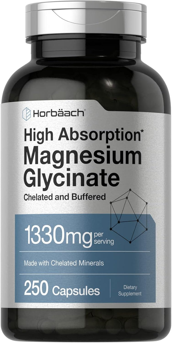 Horbaach Buffered Magnesium Glycinate, 1330mg, 250 Capsules, with Chelated Minerals, Non-GMO, Gluten Free