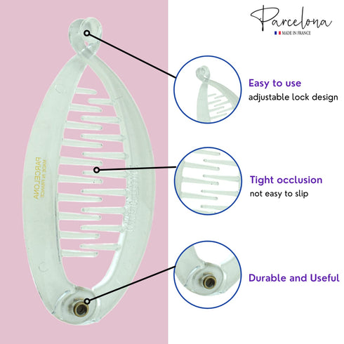 Parcelona French Effortless Mini Clear Clips, Pack of 2 Celluloid Clips for Thick Hair Ponytail Holder for Women