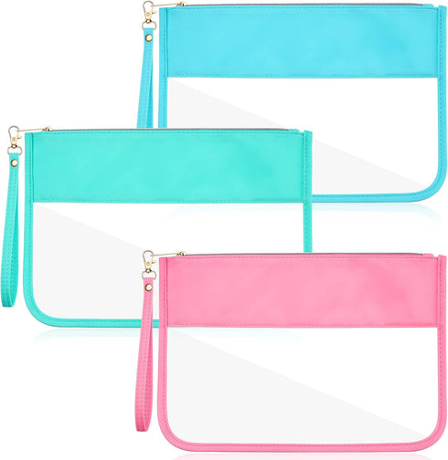 Sanwuta 3 Pcs Clear Zipper Makeup Bag Set, Preppy Nylon Pouches for Travel, Clear Toiletry Bags for Women (Pink, Green,