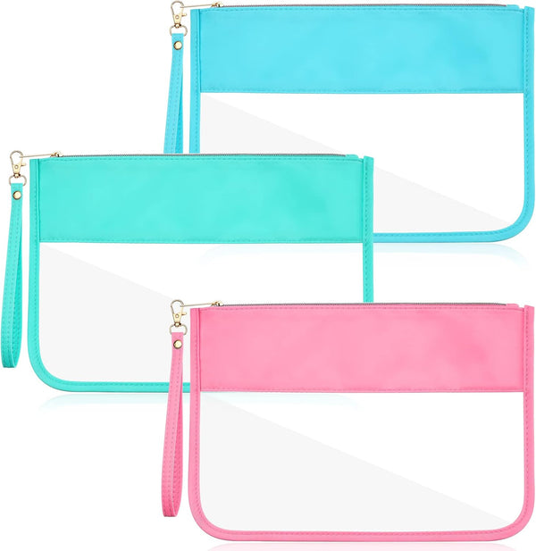 Sanwuta 3 Pcs Clear Zipper Makeup Bag Set, Preppy Nylon Pouches for Travel, Clear Toiletry Bags for Women (Pink, Green,