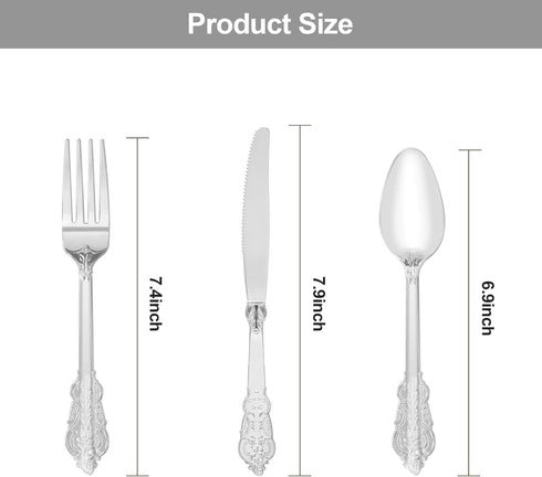 150PCS Silver Plastic Silverware for 50 Guests, Heavy Duty Silver Disposable Utensils Sets, Includes 50 Forks, 50 Spoons, 50 Knives, Elegant Cutlery Perfect for Wedding or Party by Bestluck