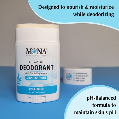 MONA BRANDS All Natural Deodorant for Women & Men, For Sensitive Skin, Unscented 1.76 Oz