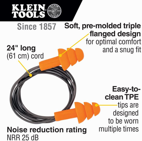 Klein Tools 605036 Corded Earplugs, 25dB NRR, Reusable Orange Earplugs, 6-Pack with Case for Construction, Industrial Use, Shooting and Hunting