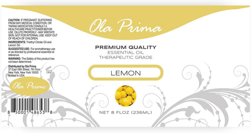 Ola Prima Oils 8oz - Lemon Essential Oil - 8 Fluid Ounces - Lemon Oil - Aromatherapy Oils - Essential Oils for Candle Making - Essential Oils for Soap Making - Lemon Essential Oil for Diffuser