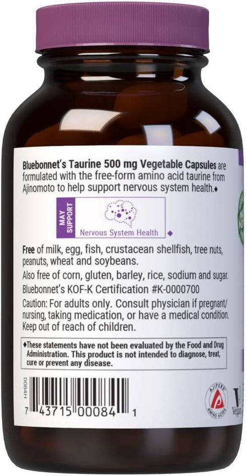 Bluebonnet Taurine 500 mg Vitamin Capsules, 50 Count