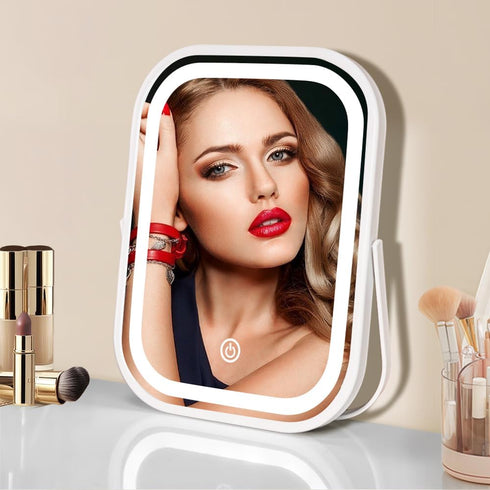 Portable Makeup Travel Mirror with Lights, Small LED Vanity Mirror, 1200mAh Battery, Dimmable Touch Screen, Folding