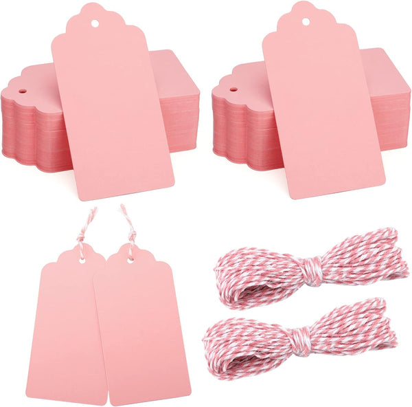 jijAcraft 100pcs Blank Paper Gift Tags with String, 4”x 2” Pink Rectangle Craft Hang Labels for Various Occasions