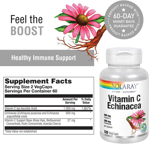 SOLARAY Vitamin C & Echinacea Root | 500 mg VIT C & 300 mg Echinacea Per Capsule | 120 VegCaps