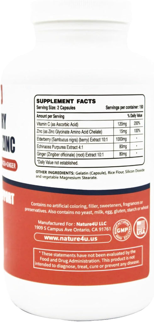 5 in 1 Elderberry Immune Support Supplement, Daily Immune Boosters for Adults Antioxidants Supplement, Elderberry 1000 mg, Vitamin C, Zinc, Echinacea, Ginger, 300 Vegan Capsules - 5 Month