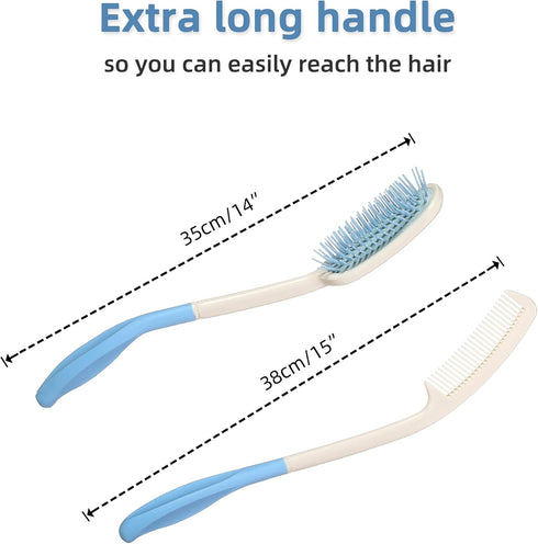 Fanwer Long Reach Handled Comb and Hair Brush Set for Elderly and Hand-Disabled People, 2 pcs