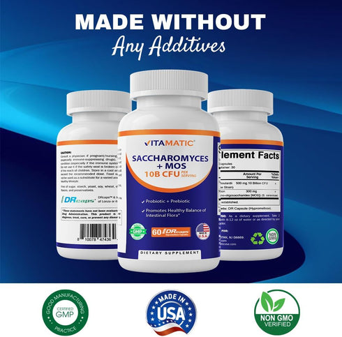 Vitamatic Saccharomyces Boulardii Probiotic, 10B per Serving + Yeast Extract, 300 mg, 60 DR Capsules