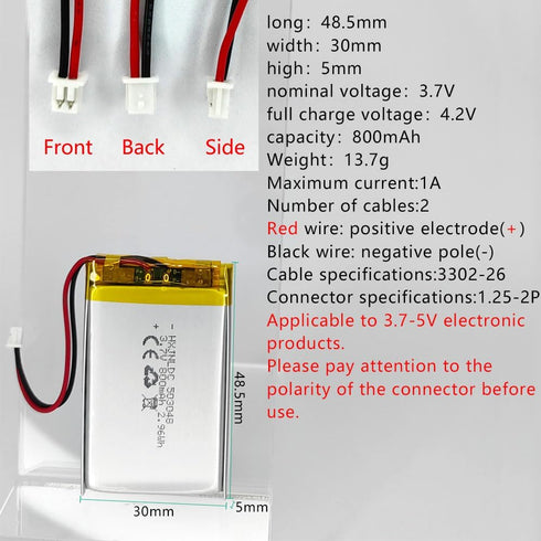 DC 3.7V 800mAh 503048 Rechargeable lithium polymer battery for DIY 3.7-5V Electronic Product, Mobile Energy Storage Power Supply