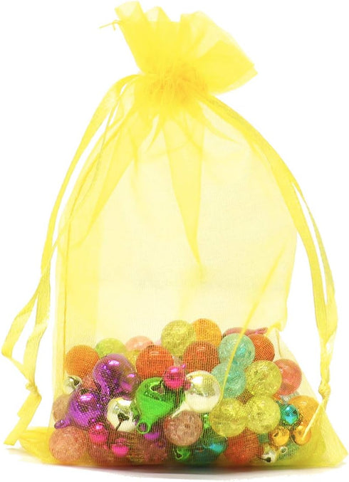 100Pcs Premium Sheer Organza Bags, Yellow Wedding Favor with Drawstring, 3x4 Inch Jewelry Gift for Party
