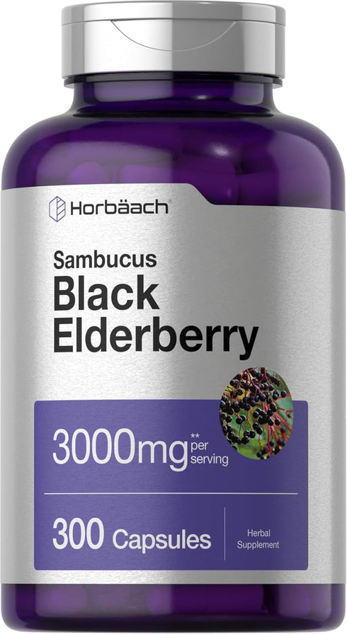 Horbaach Black Elderberry | 3000mg Capsules | 300 Count | Non-GMO, Gluten Free Sambucus Supplement
