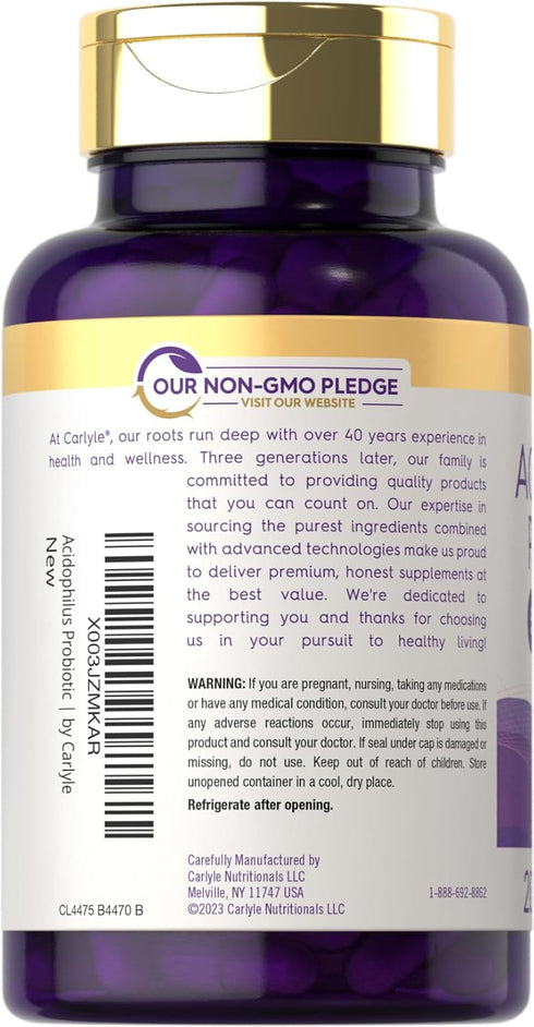 Carlyle Acidophilus Probiotic | 500 Million CFU | 200 Capsules, Non-GMO & Gluten Free for Men & Women