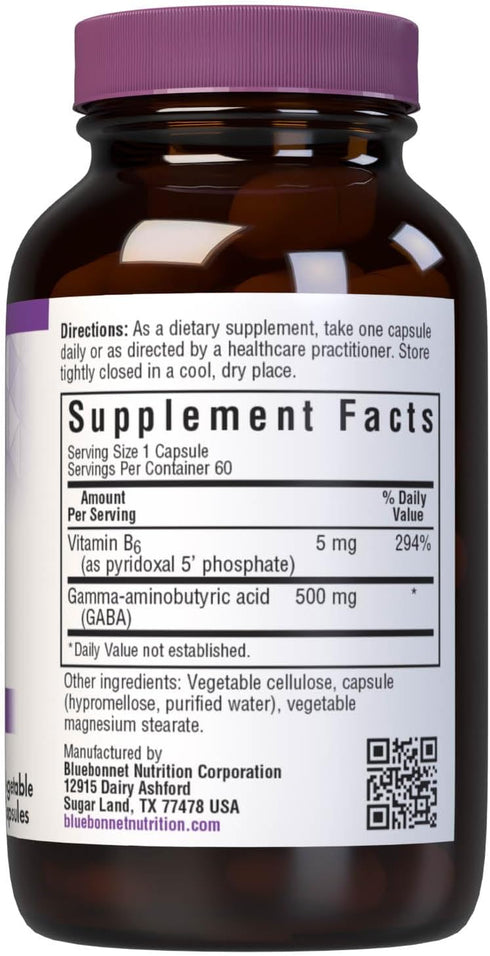 Bluebonnet Nutrition GABA 500mg, for Stress Relief*, Supports Relaxation*, Kosher, Vegan, Gluten-Free, Soy-Free, Non-GMO, 60 count, 60 Servings
