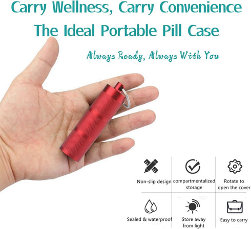 Compact Waterproof Keychain Pill Holder, Portable Pill Box with 3 Compartments for Daily Medication on The Go (Wine Red)