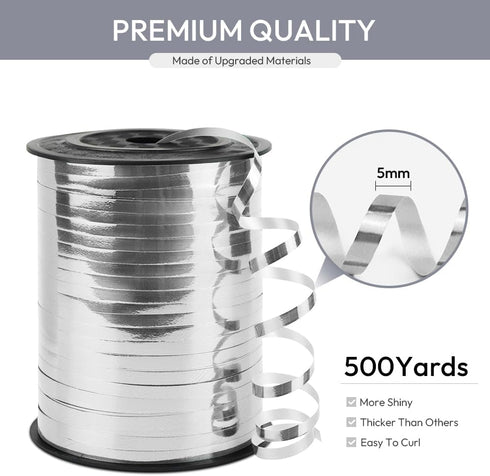 Silver Curling Ribbon, 1/5" Wide x 500 Yards Christmas Curling Ribbons for Gift Wrapping, Party Decoration, Balloon String, Hair, Ribbons for Florist Flower (1 Roll) by KMER LIFE