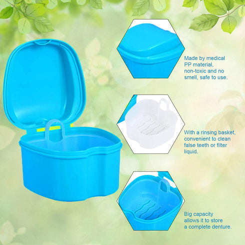 Denture Bath Box Cup for Complete Clean Care of Dentures, Clear Braces, Mouth Guard, Night Guard & Retainers (Blue &