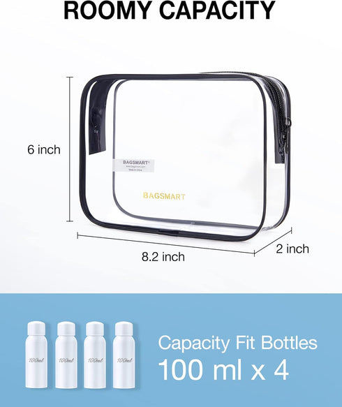 BAGSMART Clear Toiletry Bag, 2 Pack TSA Approved Travel Accessories, Water Repellent Makeup Cosmetic Bag (Black-2pcs)