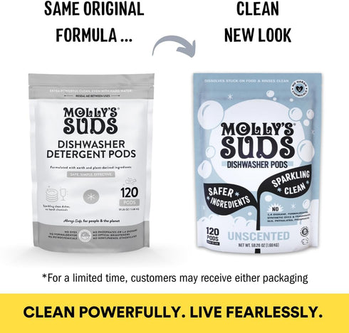 Molly's Suds Dishwasher Pods, Natural Detergent for Sparkling Dishes, 120 Auto-Release Tabs (Unscented)