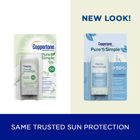 Pure and Simple Zinc Oxide Mineral Sunscreen Stick by Coppertone SPF 50, Water Resistant for Sensitive Skin