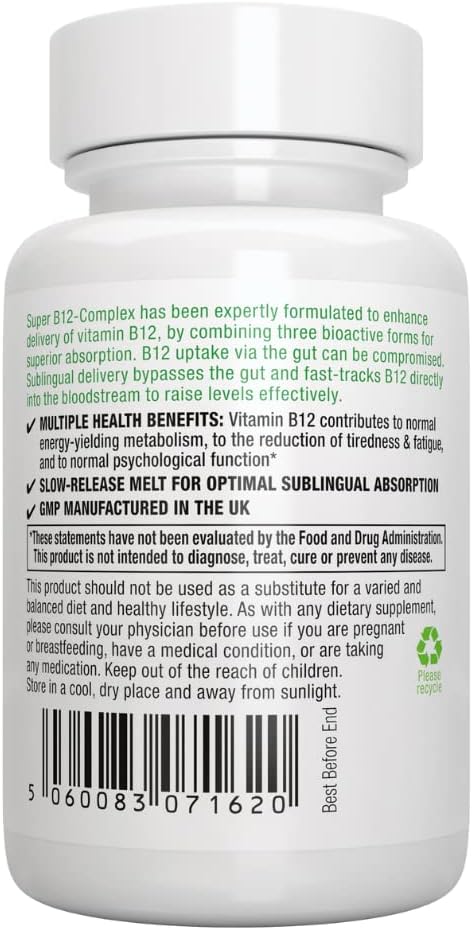 Super B12-Complex 1000mcg, 180 Servings, Sublingual & Methylated Vitamin B12, Vegan, Clean Label, Sugar-Free Melts