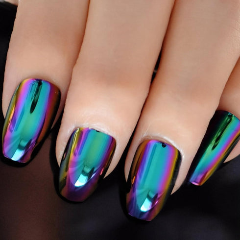 Super Holographic Blue Purple Coffin Nails - Mirror Chrome Square Ladies Fake Nails Quality Tips for Fingers