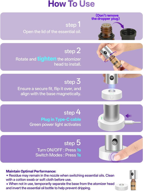 Olxasw 10ml Mini Waterless Nebulizing Essential Oil Diffuser with Lavender Oil for Aromatherapy, Small Portable