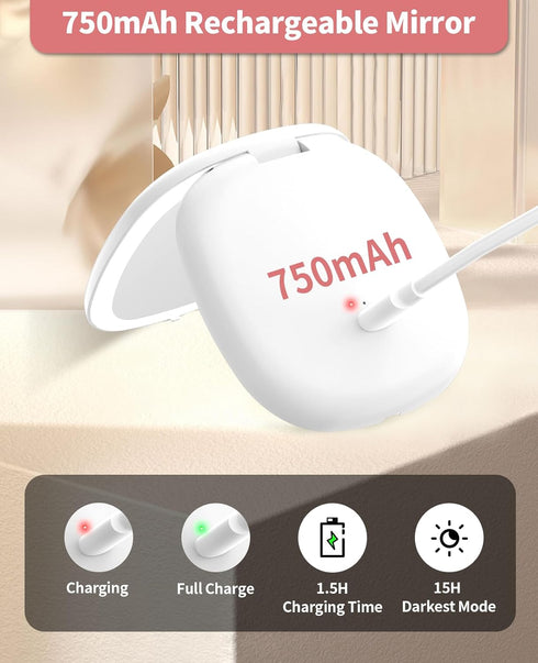 wobsion Travel Mirror with Light, Rechargeable 1x/10x Compact Dimmable Pocket Mirror, 4inch Travel Size (White)