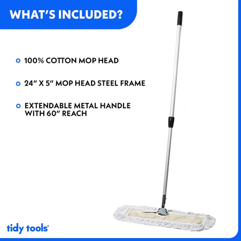 Commercial Dust Mop & Floor Sweeper, 24 in. Dust Mop for Hardwood Floors, Extendable Mop Handle, Cotton Reusable Dust