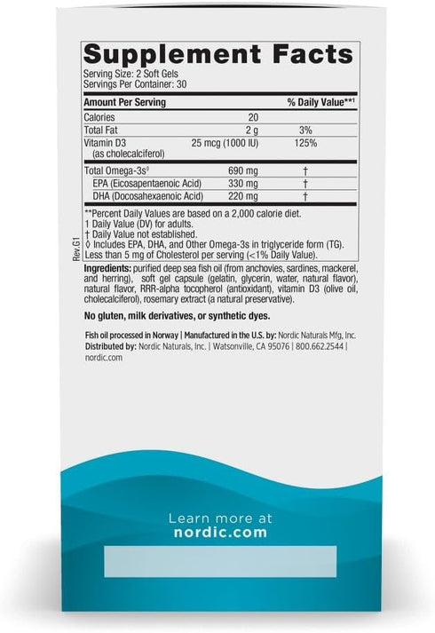 Nordic Naturals Omega-3D, 60 Soft Gels, Lemon Flavor, 690 mg Omega-3 + 1000 IU Vitamin D3