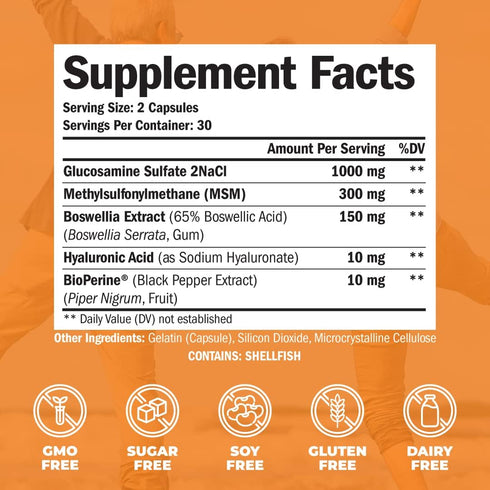 Glucosamine Sulfate with Hyaluronic Acid, 5-in-One Joint Support Supplement, Antioxidant & Inflammatory Support, 2 Pack