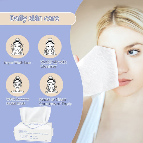 Disposable Face Towel, MSOEUESO 100% Cotton Facial Tissues, Biodegradable Clean Towels, 100 Count