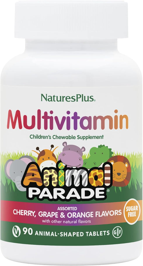 Natures Plus Animal Parade Sugar-Free Children's Multivitamin, Assorted Flavors, Pack of 2, 90 Chewable Tablets
