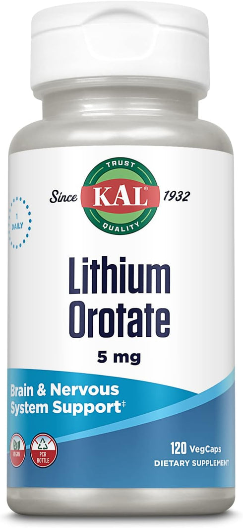 KAL Lithium Orotate 5mg | Chelated Lithium Orotate for Mood Support | 120 VegCaps in Organic Rice Bran Extract