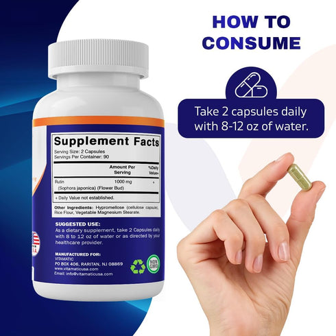 Vitamatic Rutin 1000mg Supplement, 90 Servings, Bioflavonoid, Free Radical Scavenger, Non-GMO, Gluten Free