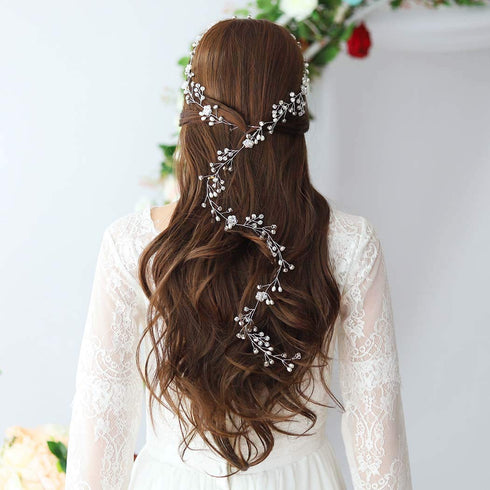 Yean Wedding Hair Vine, Long Bridal Headband Hair Accessories for Bride and Bridesmaid, 100cm / 39.3inches, Silver