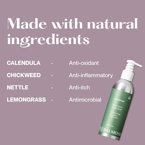 Balmonds Body, Hand & Hair Wash - 100% Natural Shampoo & Body Wash for Dry & Sensitive Skin, Vegan & Cruelty Free (7.1