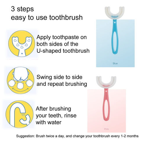 U-Shaped Kids Toothbrush, 2 PCS Soft Manual Training Toothbrush for Kids 6-12 Years (Pink + Blue)