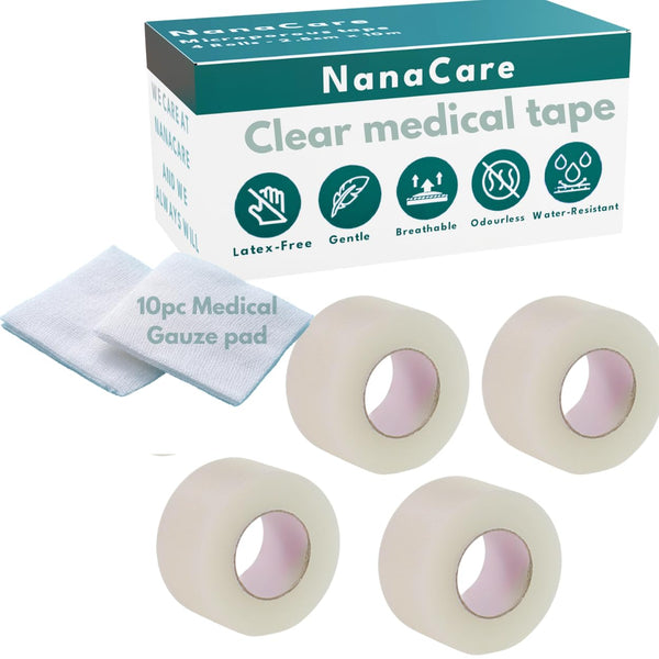 Hypoallergenic Transparent Surgical Tape 1 inch x 10yd | 4 Rolls Waterproof, Clear | Medical Tape for Sensitive Skin