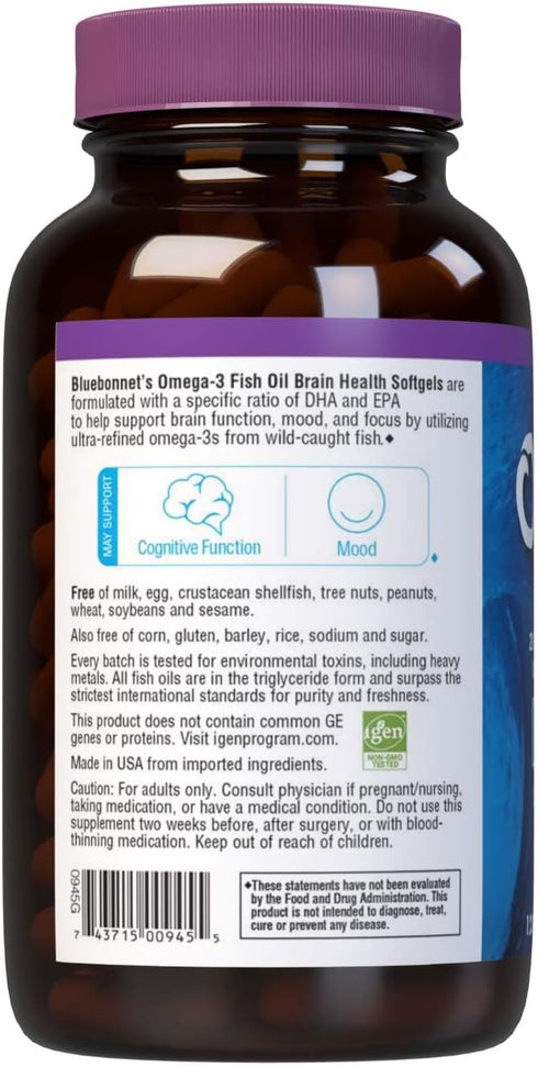 Bluebonnet Nutrition Omega-3 Brain Formula, DHA 1000 mg & EPA 210 mg, Natural Wild Caught, 120 Softgel