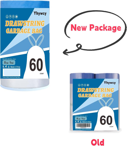 8 Gallon Medium Drawstring Garbage Bags, 60 Count, Thickened Stretchy for Kitchen, Bedroom, Bathroom, Office